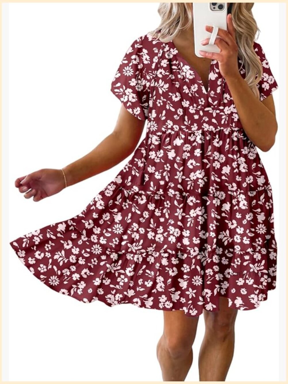 V-Neck Short Sleeve Floral Swing A-Line Mini Dress - Picture 1 of 5